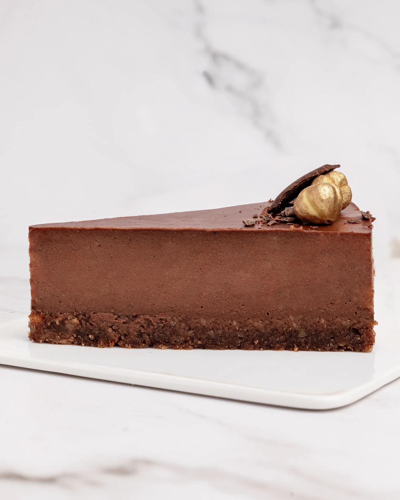 Chocolate cake cross-section - three layers from ganache to nut base