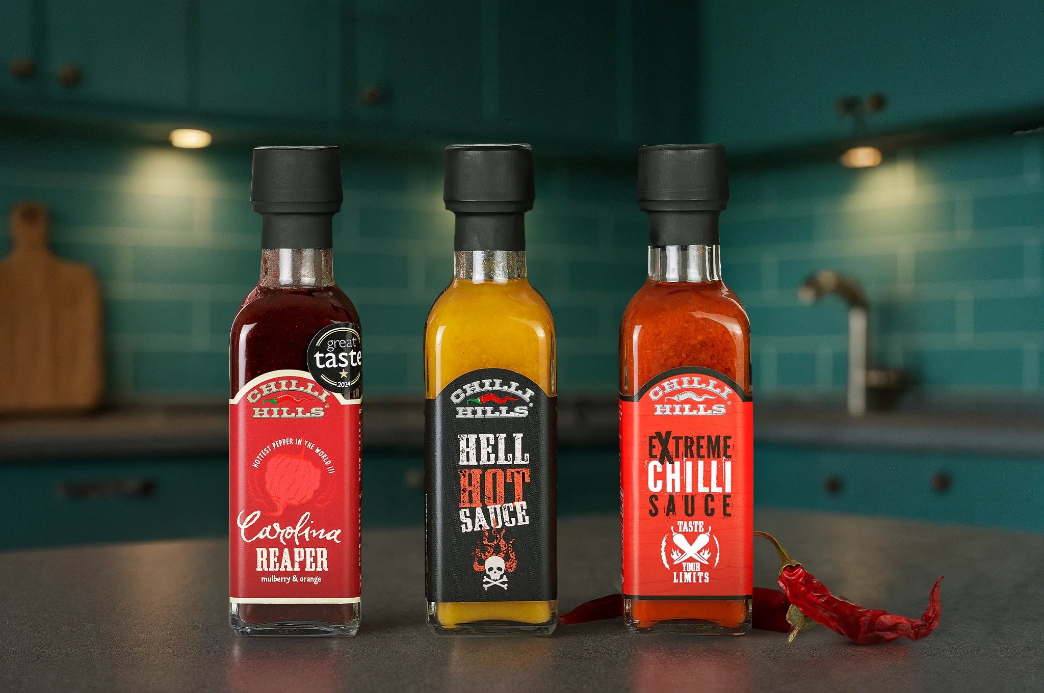 Three Chilli Hills sauces in AI-generated modern kitchen environment