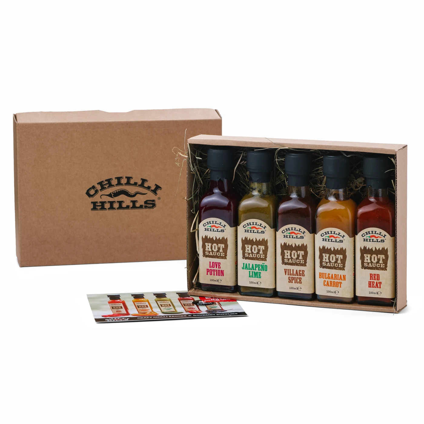 Chilli Hills open gift box - five sauces with straw packing