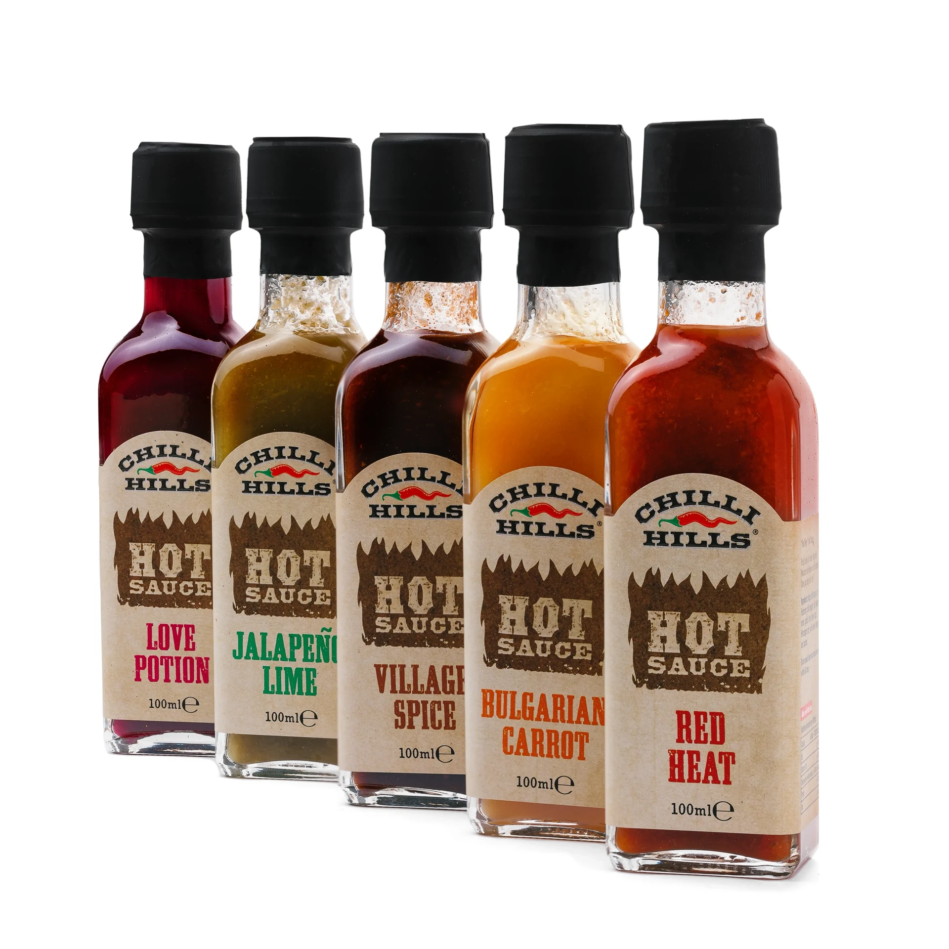 Chilli Hills complete hot sauce lineup - five flavors on white background