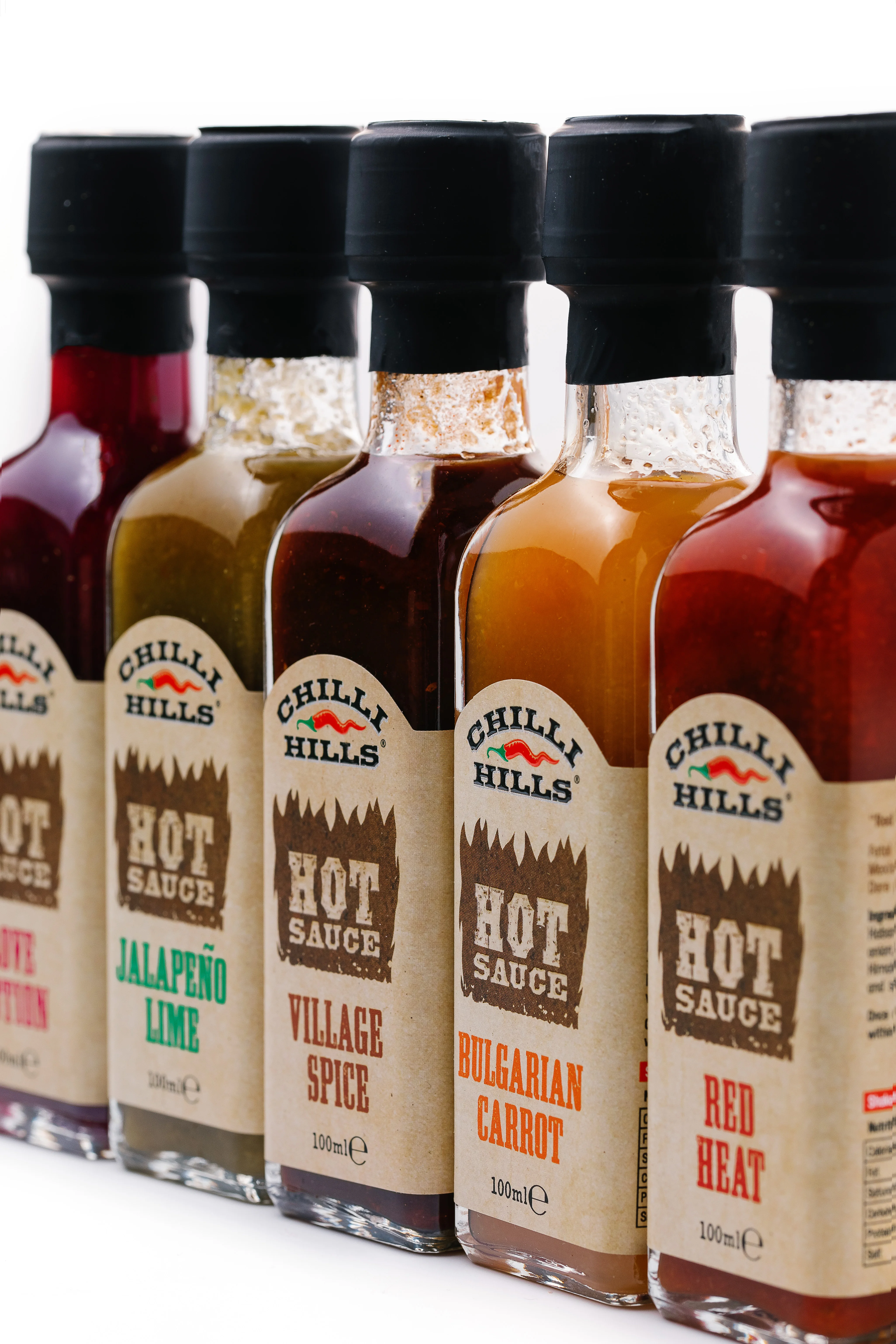 Chilli Hills five sauces - close-up lineup detail