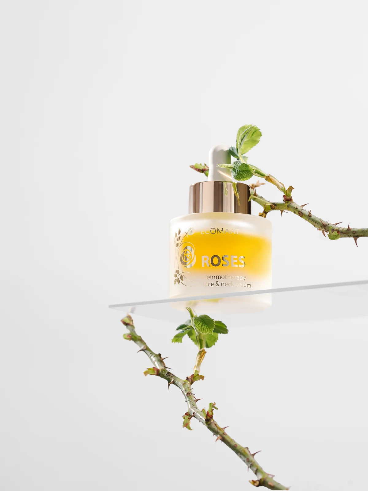 ECOMAAT Roses serum surrounded by a budding rose branch