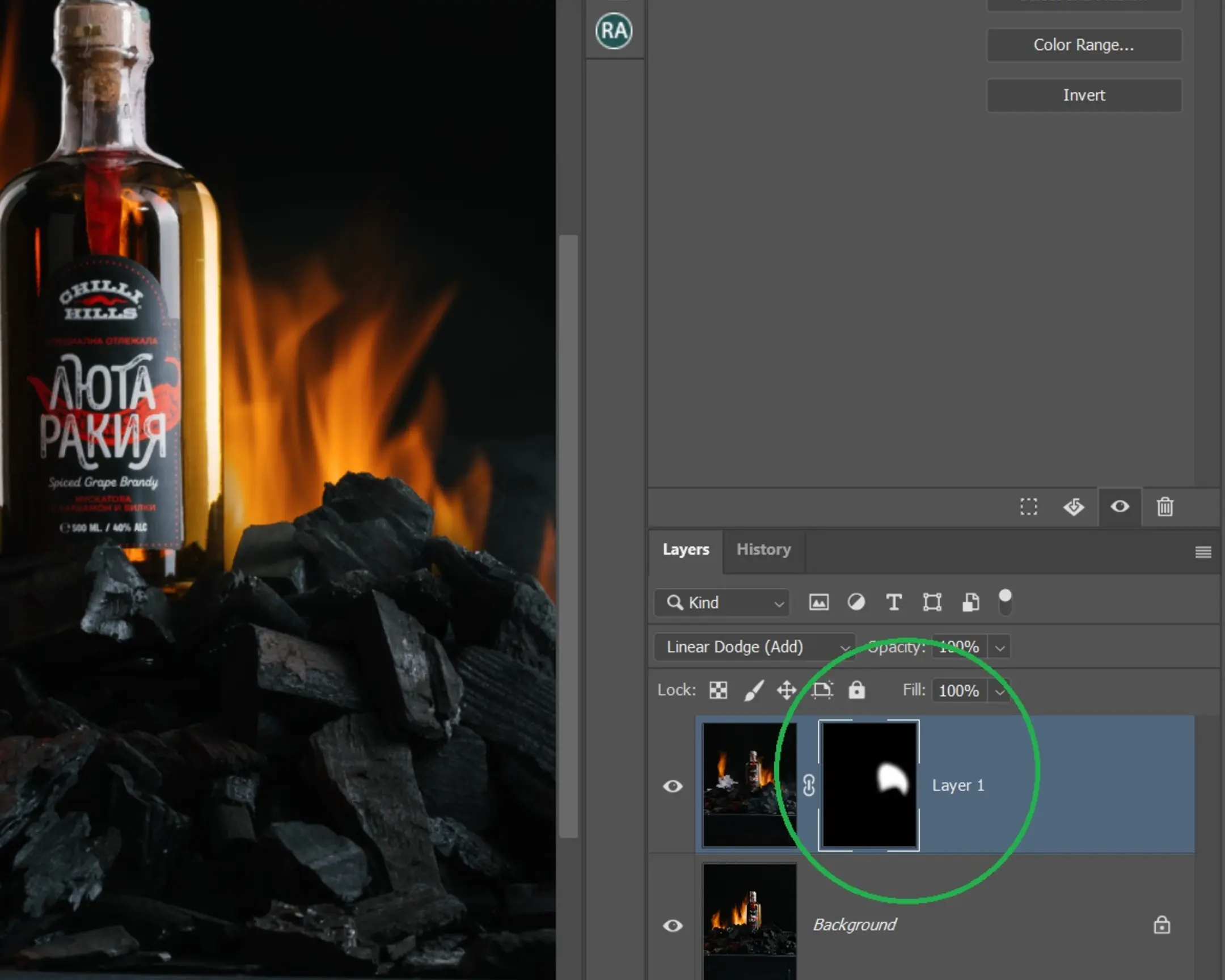 Dynaphos master class: Chilli Hills Spiced Grape Brandy on flaming coals with real fire effects & Photoshop editing.