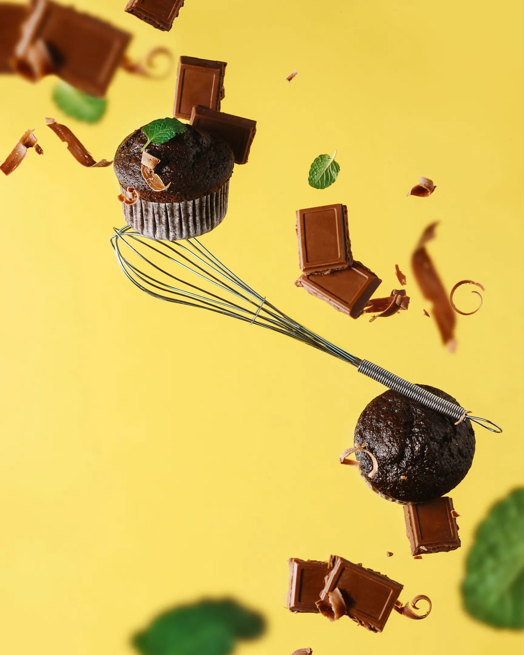 Floating chocolate cupcakes, pieces, and mint with whisk on yellow, showcasing balancing effect for product photography.