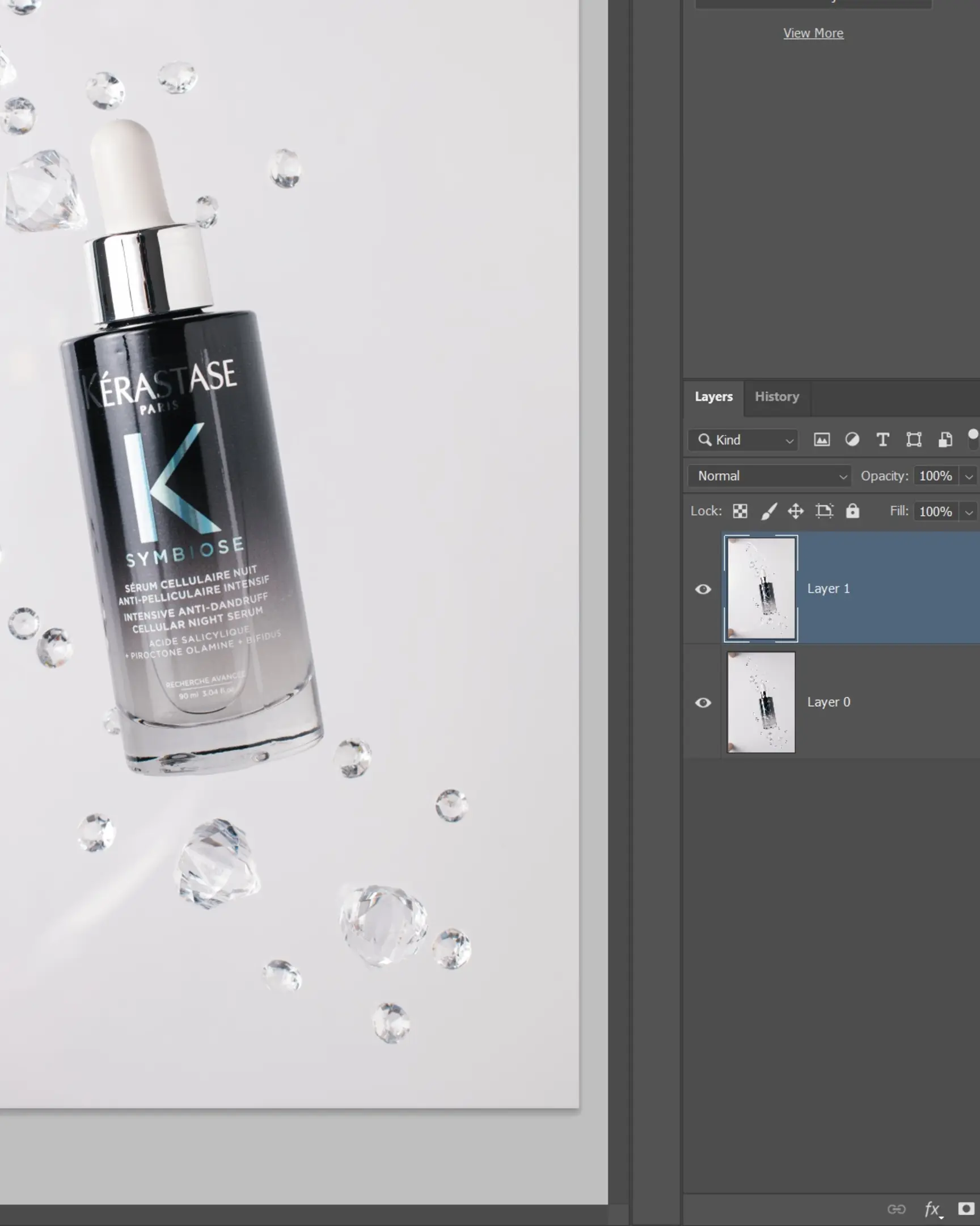 Kérastase Symbiose anti-dandruff serum bottle with floating crystal droplets, showcasing suspended effect for product photography.