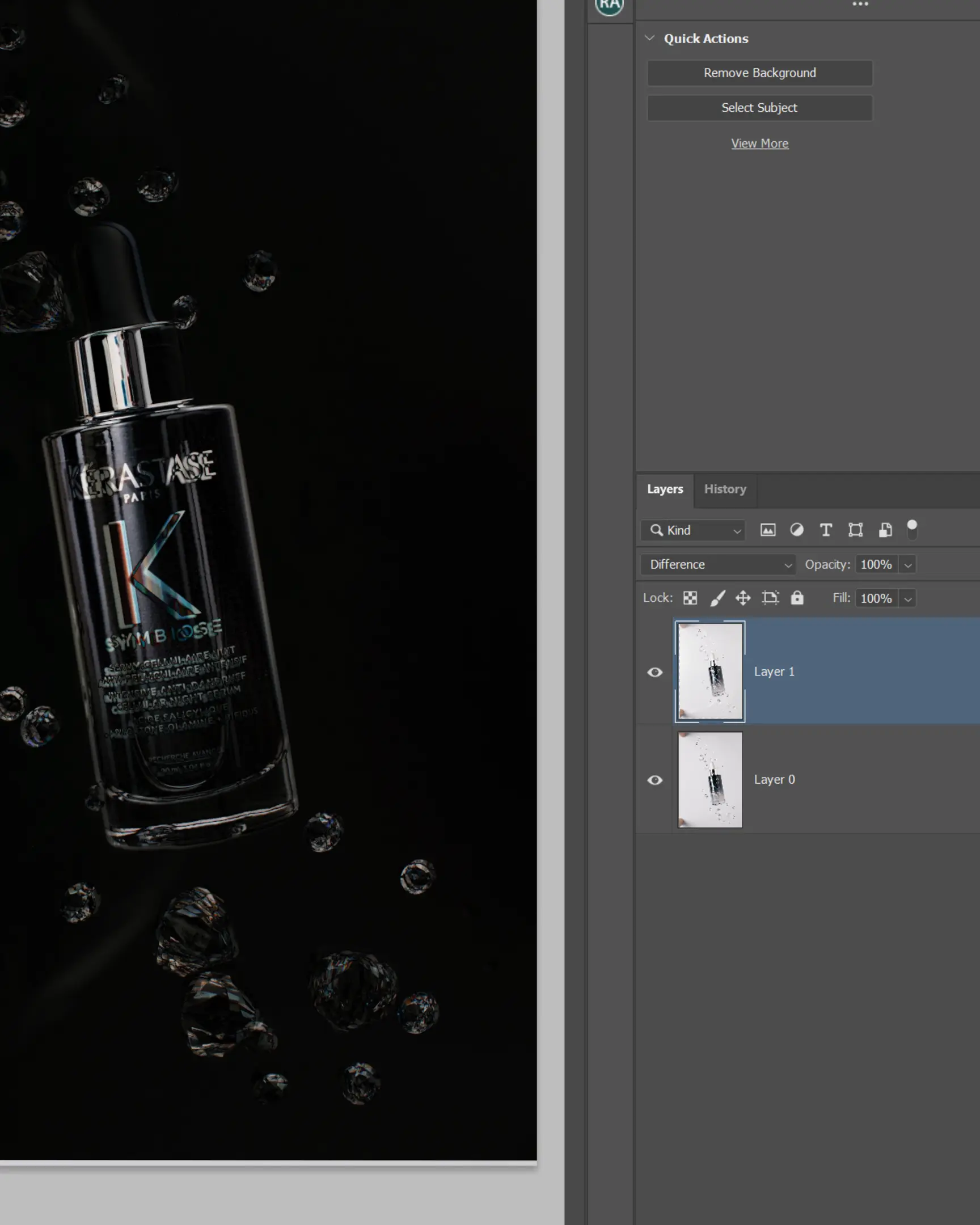 Kérastase Symbiose Intense Anti-Dandruff Serum bottle, suspended droplets on black, glass product photography.