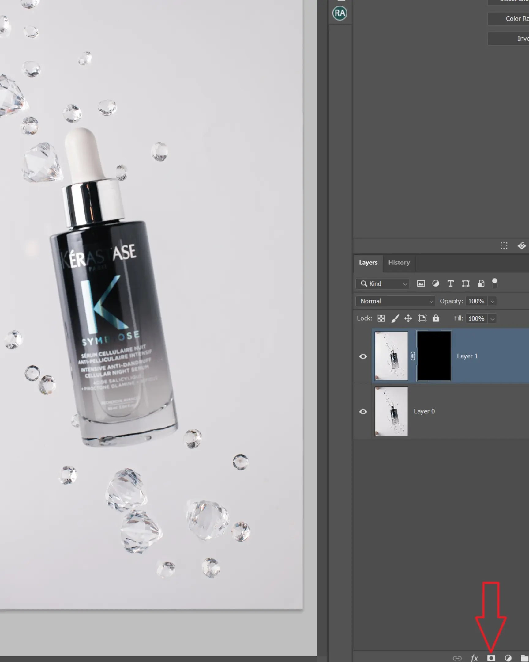 Kérastase Symbiose serum bottle floats with suspended crystals on white, product photography with glass.