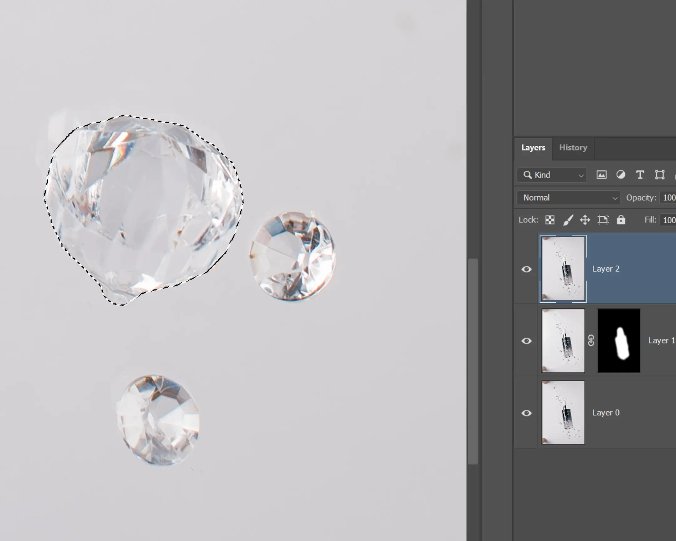 Product photography editing: Glass facets and Photoshop Layers panel with Semi di Lino Alfaparf Curls Oil, suspended droplets.