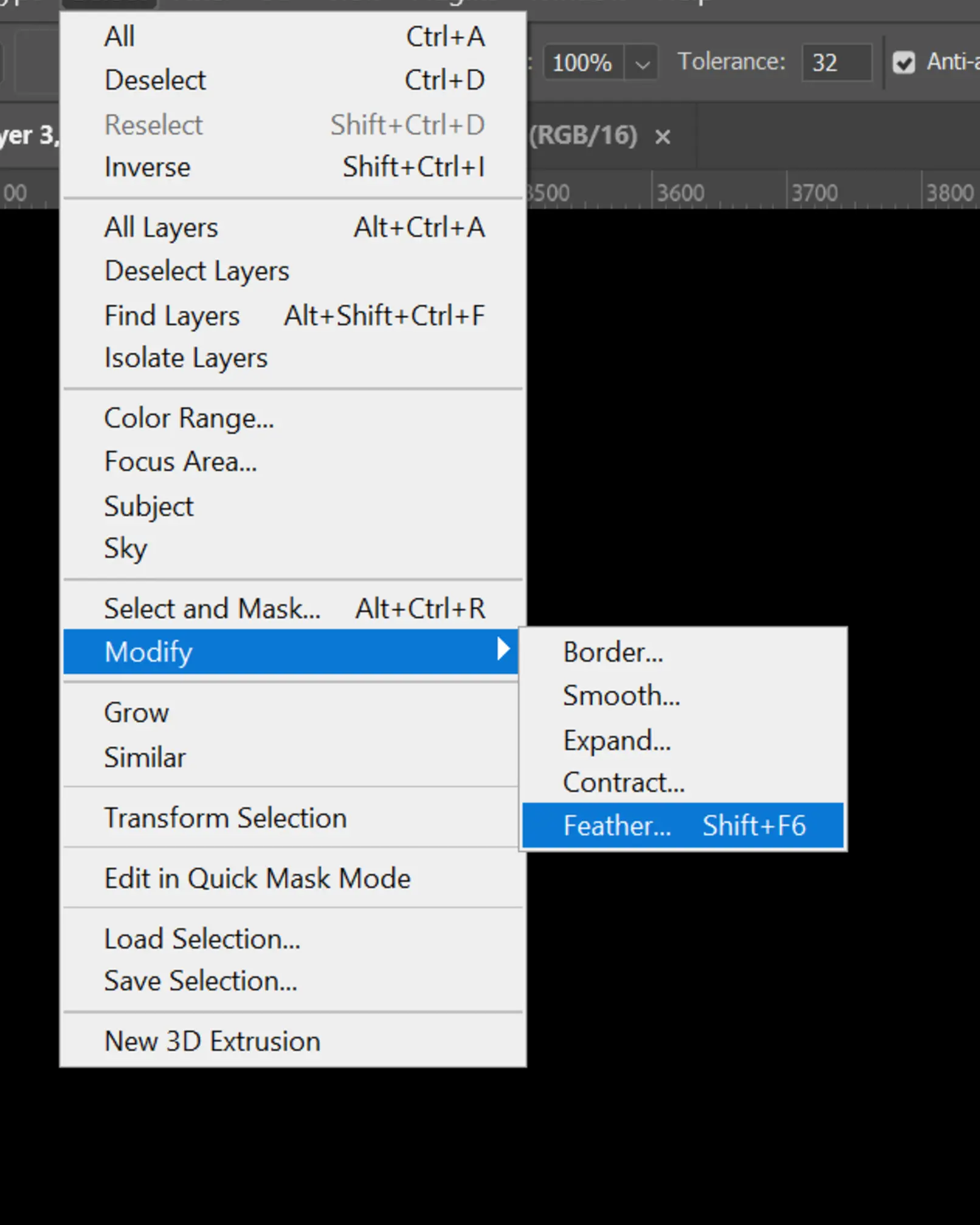 Photoshop menu highlighting Select > Modify > Feather selection (Shift+F6) for image editing.