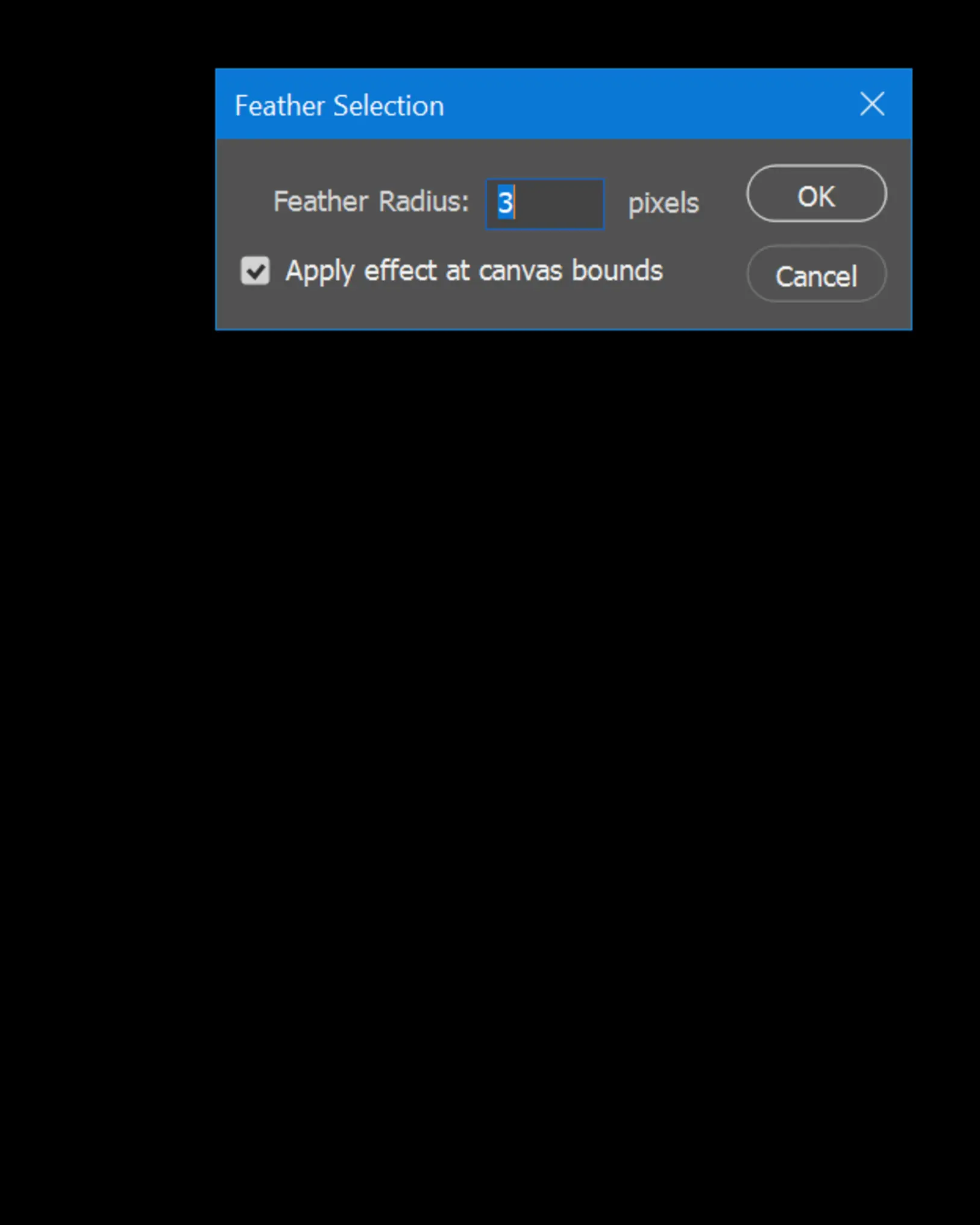 Feather Selection dialog box with Feather Radius set to 3 pixels & Apply effect at canvas bounds checked.
