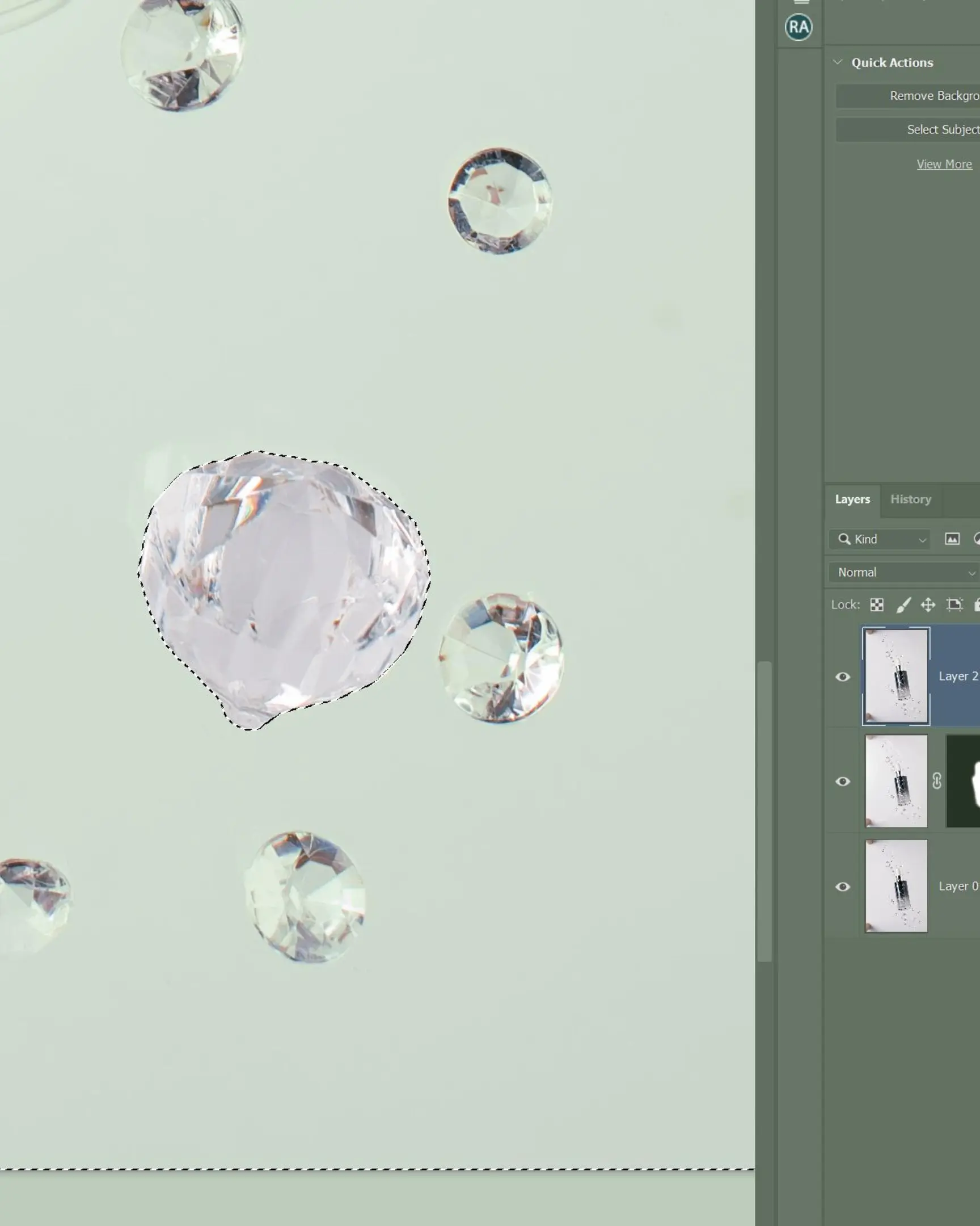 Digital workspace editing suspended clear droplets for product photography, like the Semi di Lino Alfaparf oil.