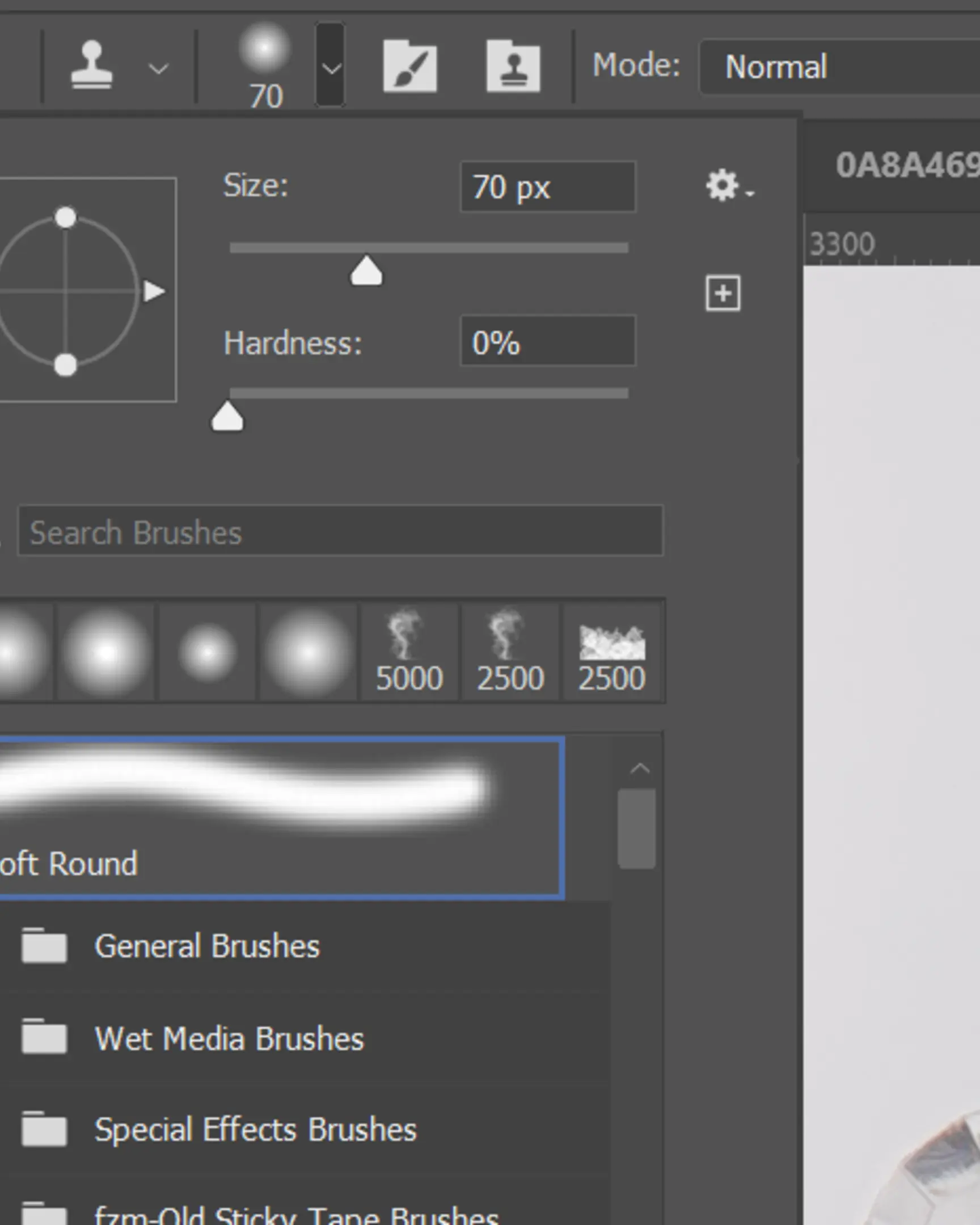 Post-processing brush settings panel (size 70px, hardness 0%) for refining product photography effects with glass.