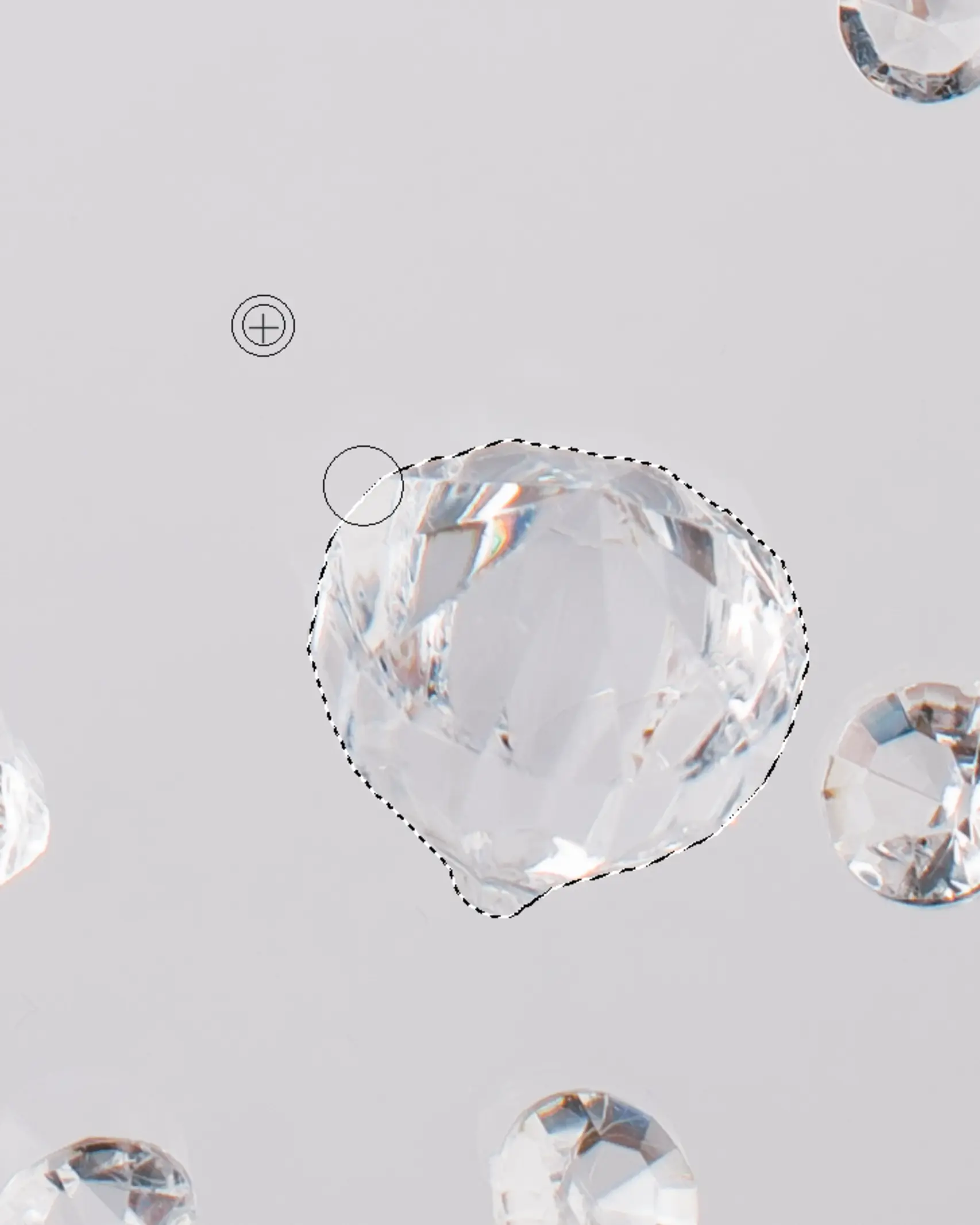 Faceted glass crystals with selection tool, demonstrating glass as a flexible tool for product photography.