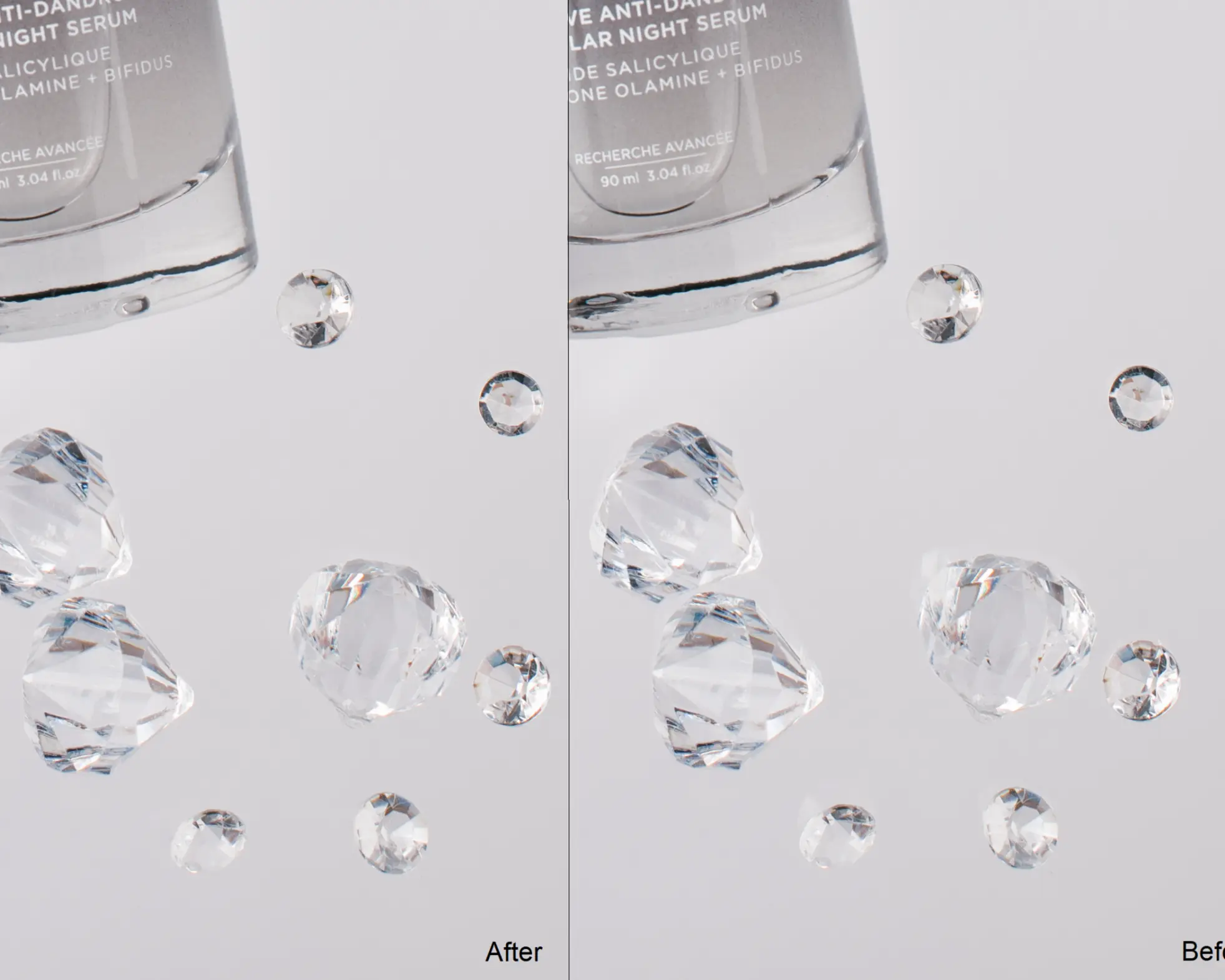 Anti-Dandruff Night Serum bottle with salicylic acid, floating faceted crystals for glass product photography.