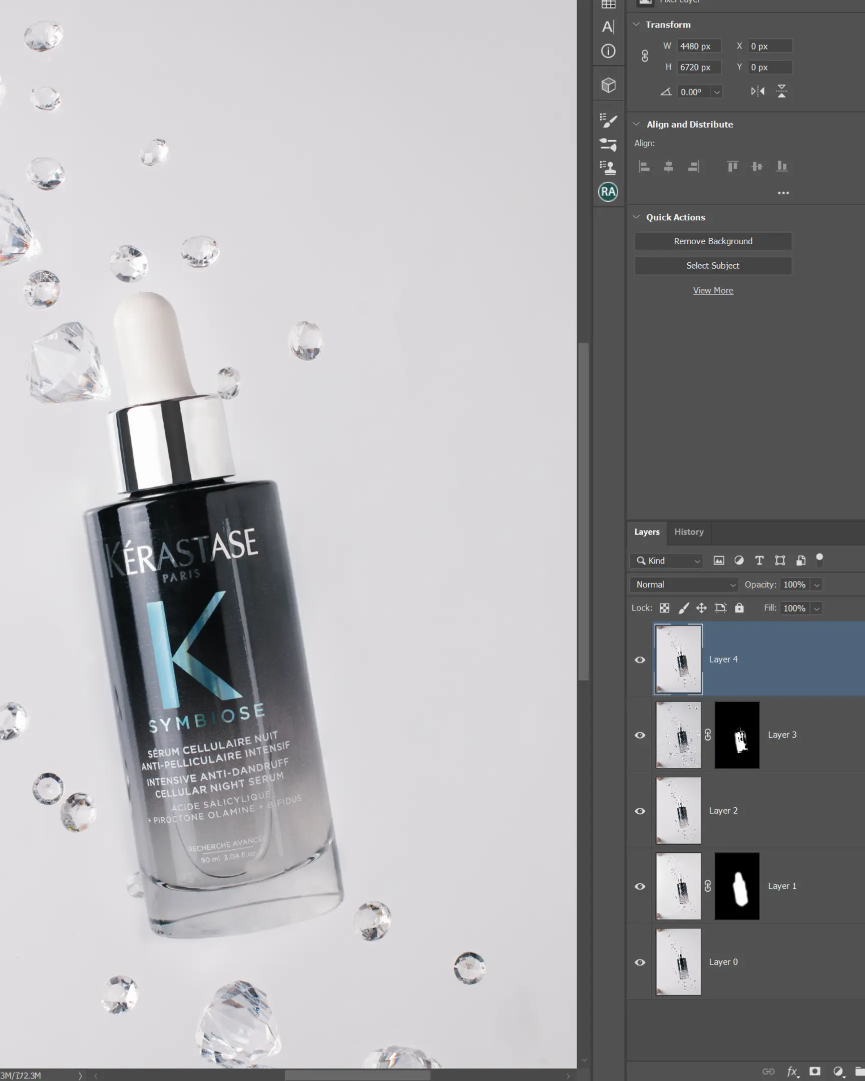 Kérastase Symbiose Night Serum bottle floating with crystals, showcasing product photography with glass technique.