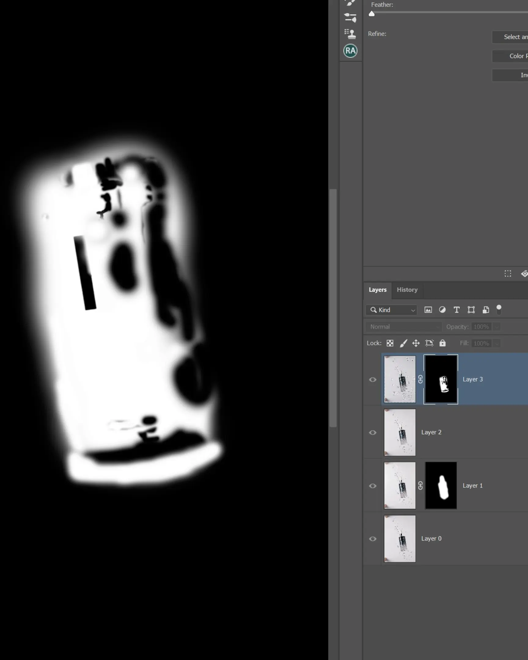 Photoshop mask for Semi di Lino Alfaparf Curls Oil bottle, creating suspended droplets effect.