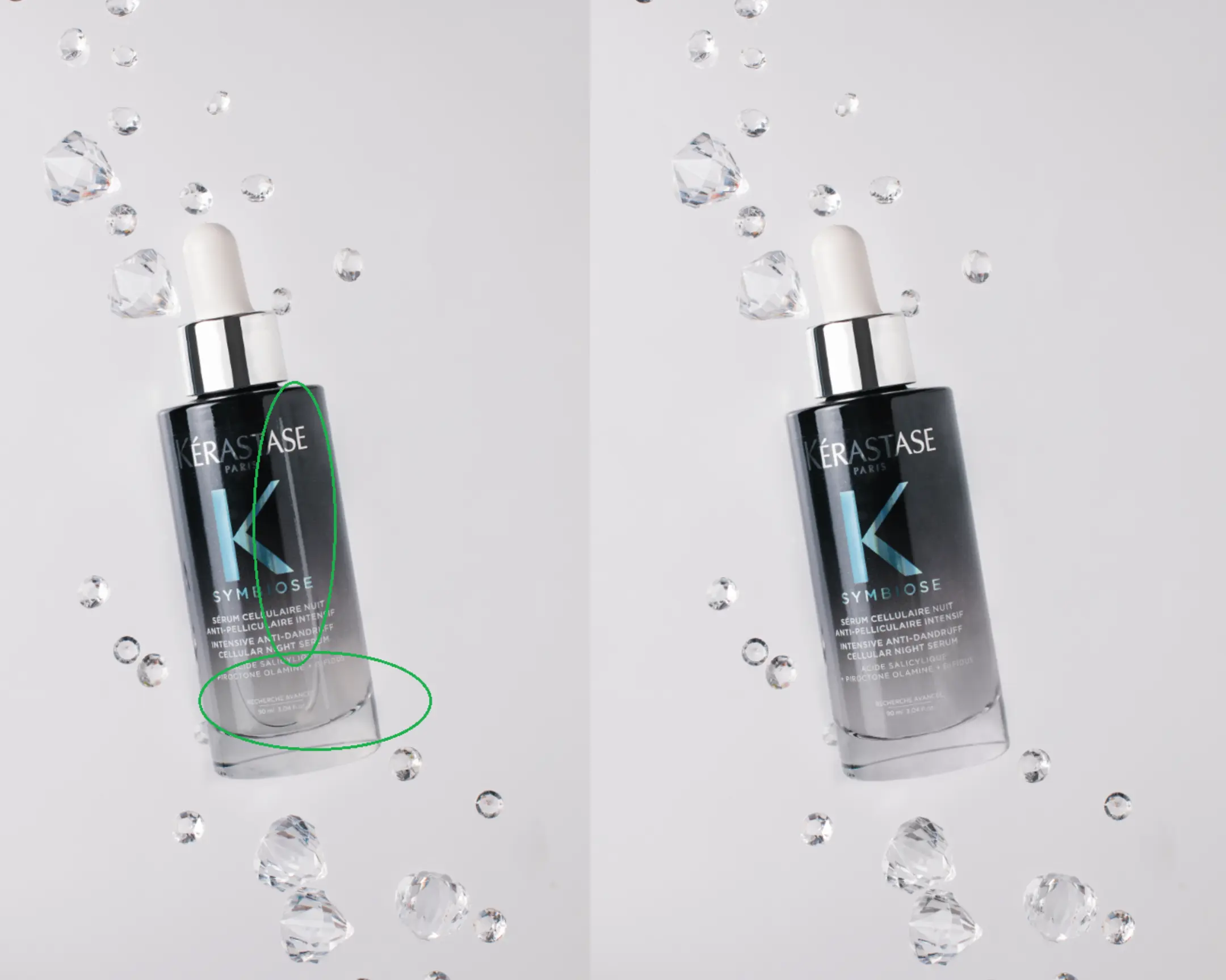 Kérastase Symbiose Cellular Night Serum bottle floating with crystal droplets, for product photography using glass.