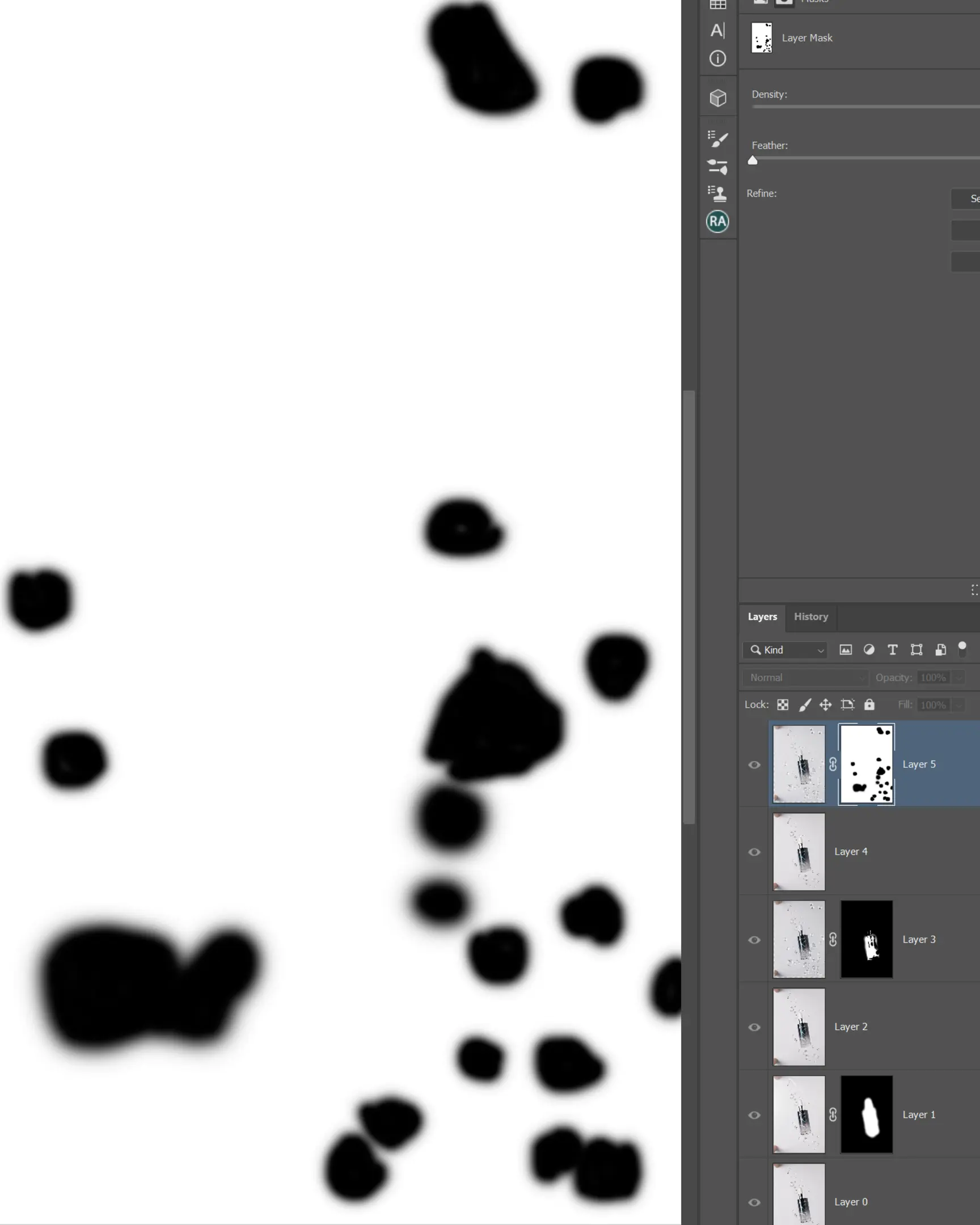 Photoshop screenshot: layer masks for creating suspended droplet effect in glass product photography.