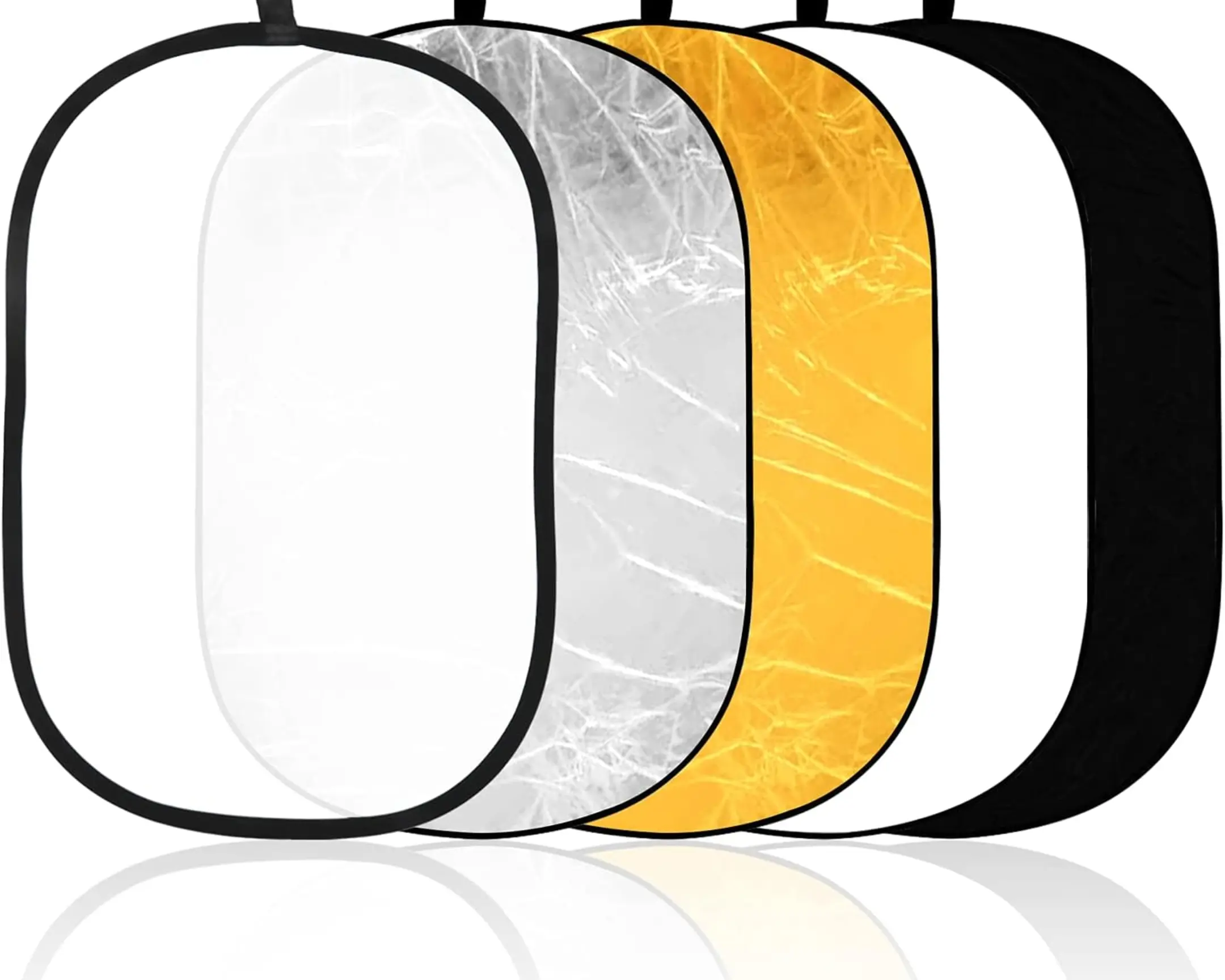 5-in-1 photography reflectors (silver, gold, white, black, diffuser) for light control in product photography.
