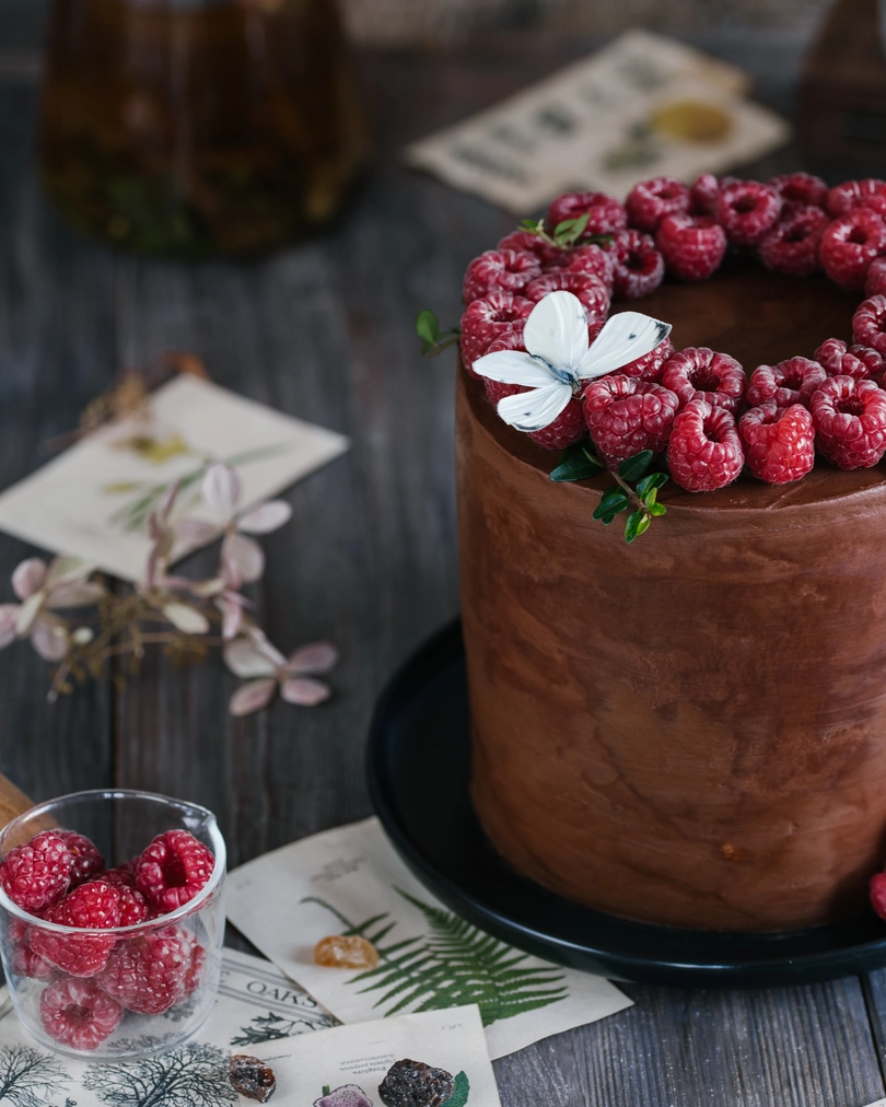 Milky Girl milk cake with chocolate frosting, fresh raspberries, and a delicate white butterfly decoration.