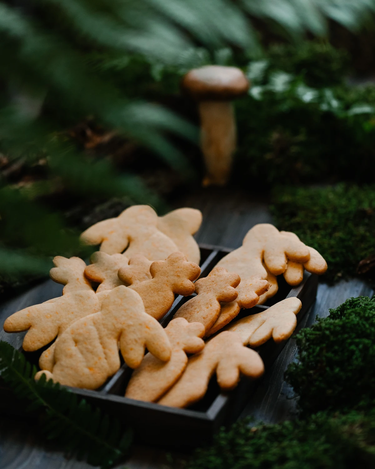 Pumpkin hare cookies in a dark wooden tray, surrounded by green moss and ferns, with a blurred mushroom in the background.