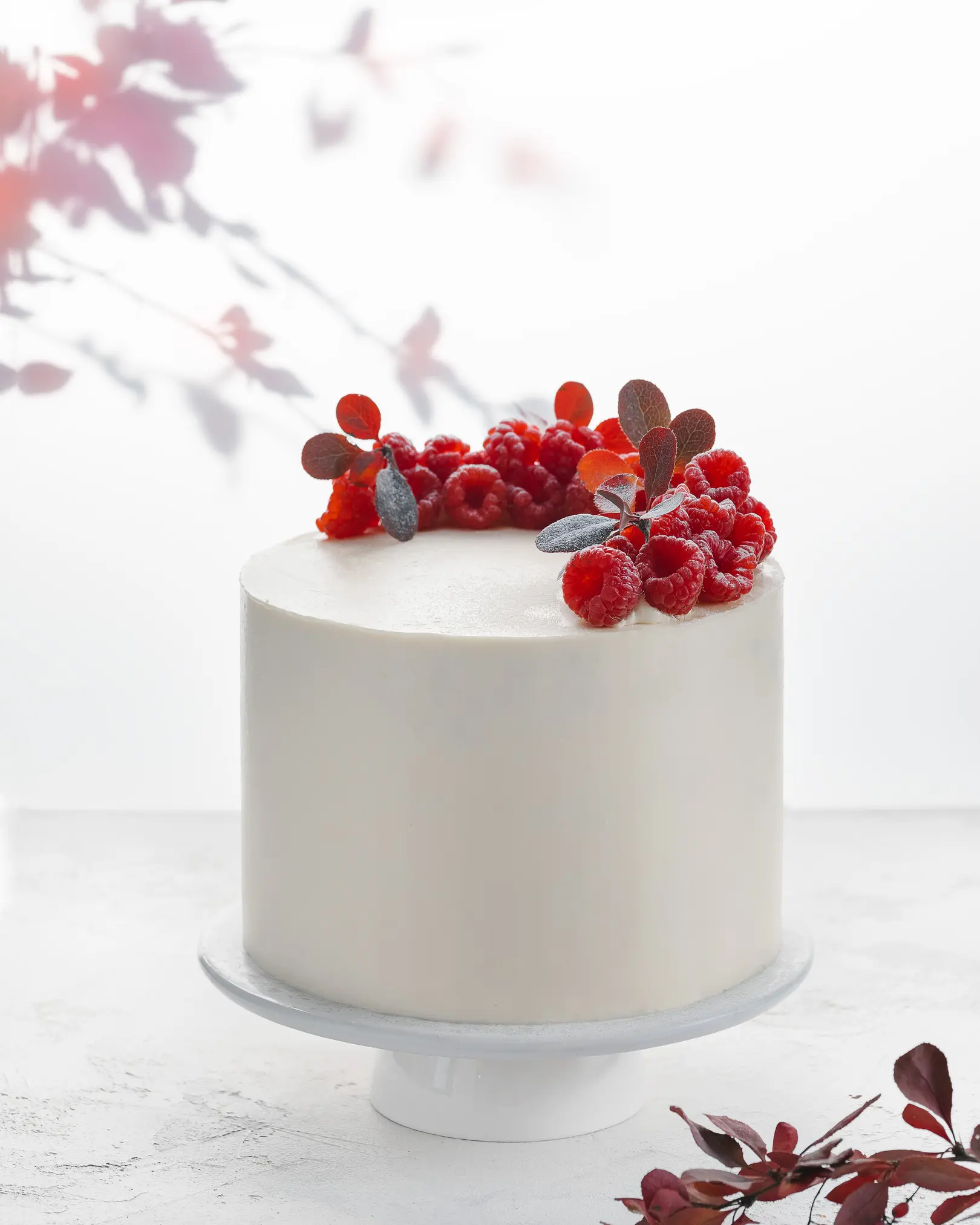 Super moist carrot cake with white chocolate mascarpone cream frosting, topped with fresh raspberries and red leaves.