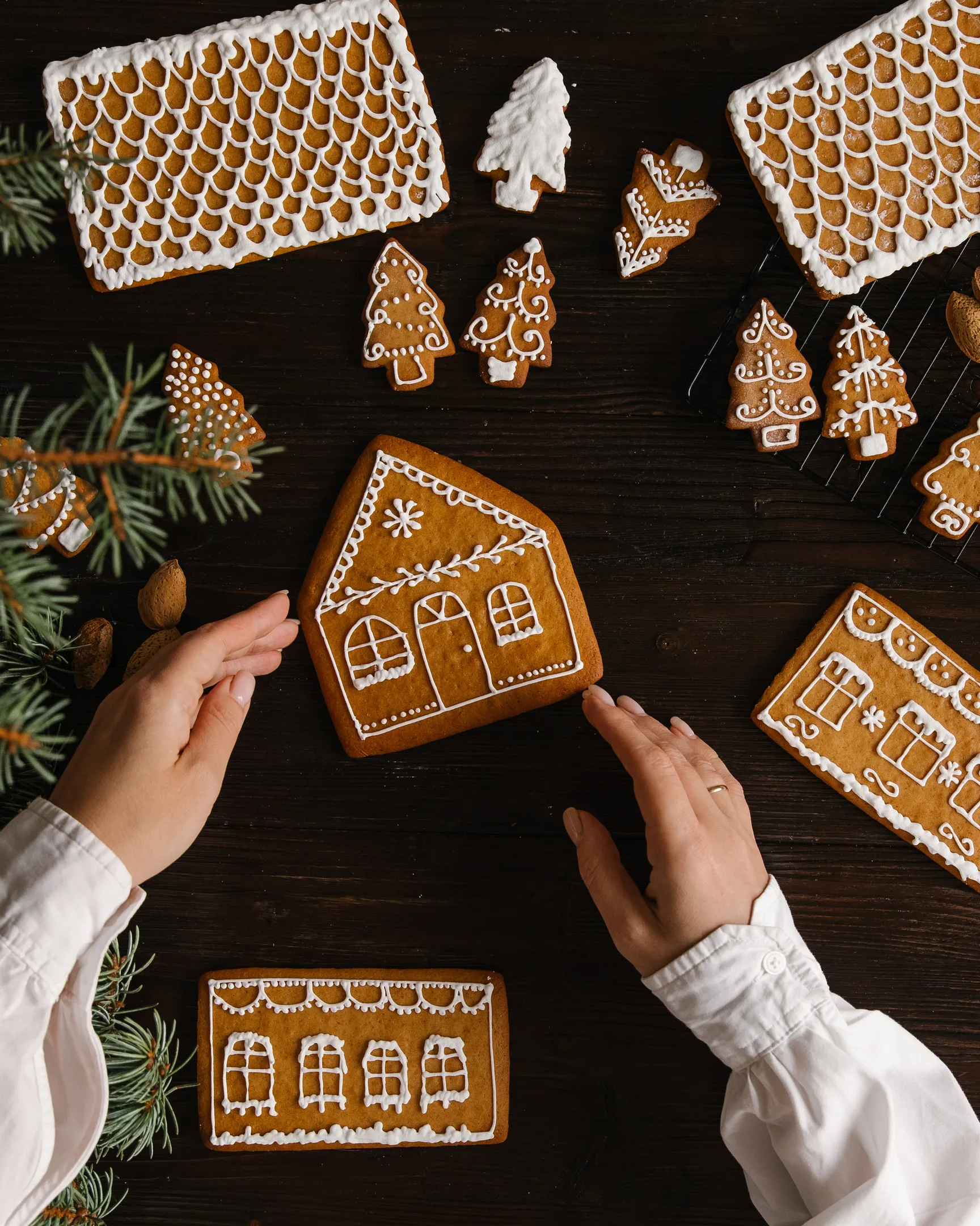 Decorated gingerbread house pieces & Christmas cookies with white glaze being assembled for holiday display.