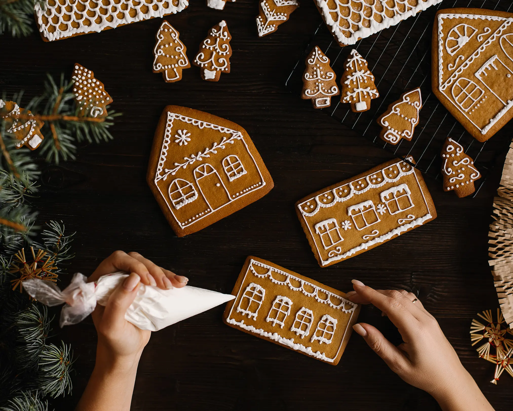 Hands applying white icing glaze to gingerbread house pieces and Christmas tree cookies on dark wood.