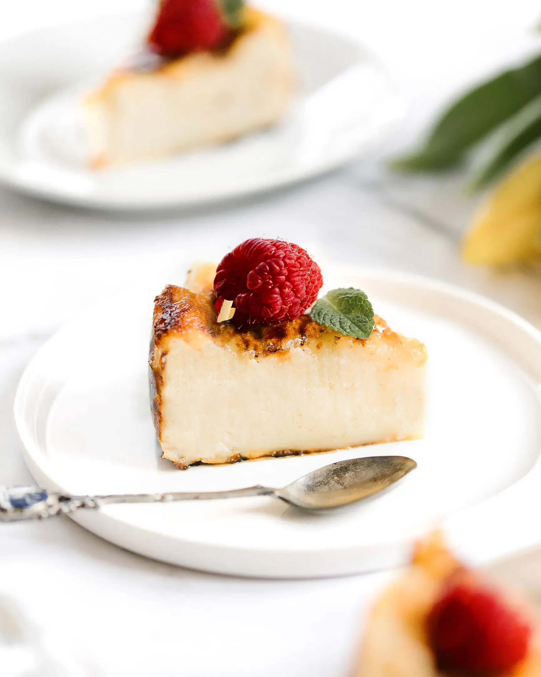 Creamy Basque Cheesecake slice from San Sebastian, Spain, with browned top, raspberry, and mint.