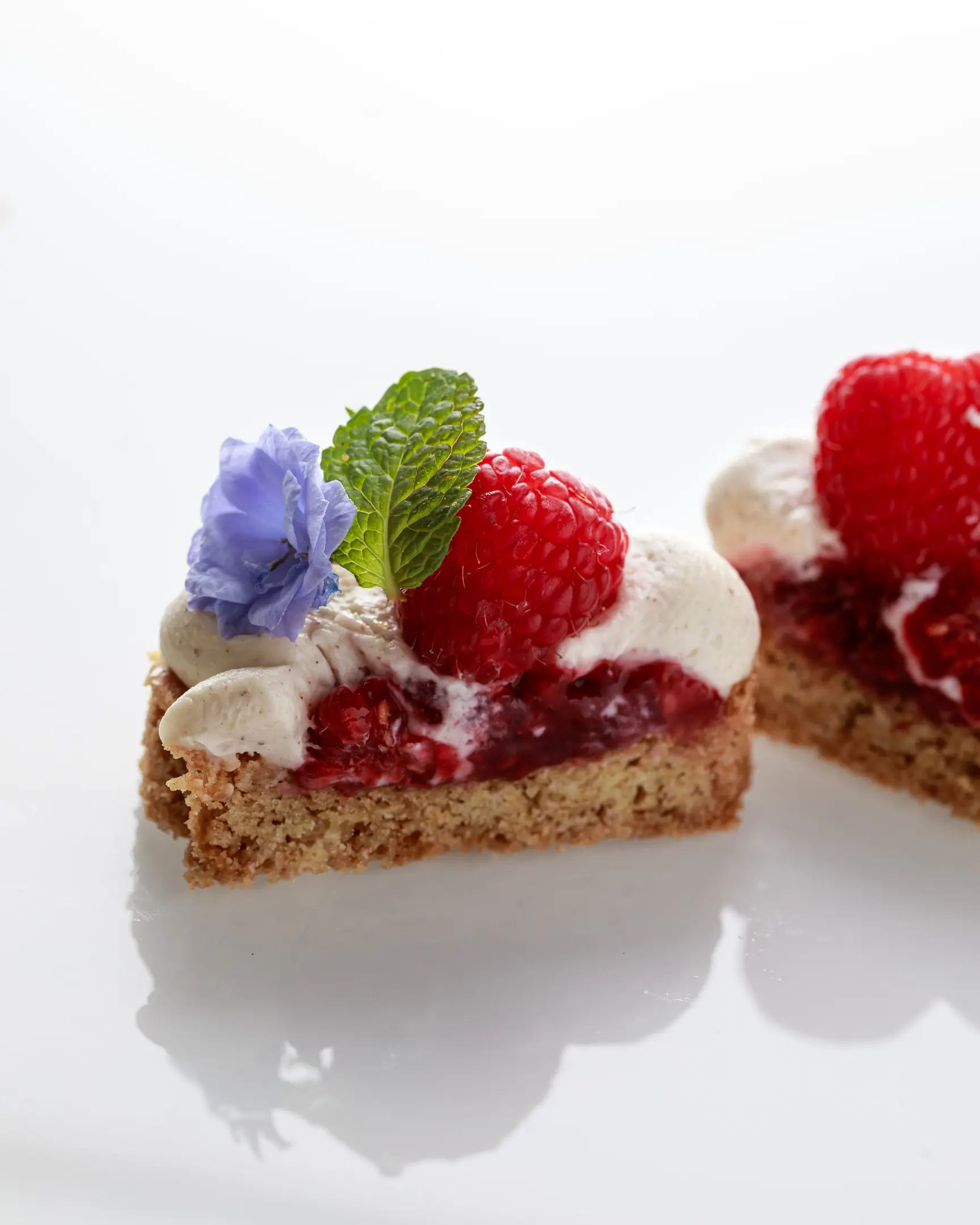 Golden-brown Sablé Breton pastry with nut-flavored ganache, vibrant raspberry coulis, fresh raspberry, mint, and edible flower.